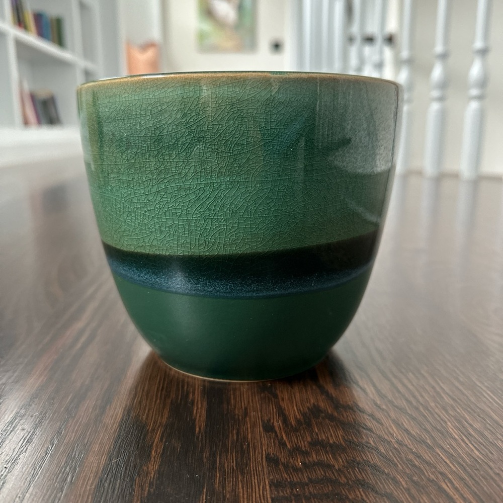 Medium Green and Blue Plant Pot (~3” wide, 7” tall - no drainage hole)